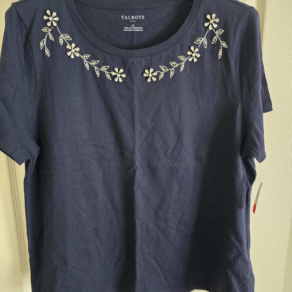 Talbots Navy Tee with Floral Embroidery